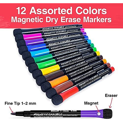 Hasthip White Board Marker, 12 Colors Magnetic Whiteboard Markers With Eraser Cap, Low Odor Magnetic Dry Erase Markers Fine Point Tip For Kids & Teachers, Home, Office And School Supplies
