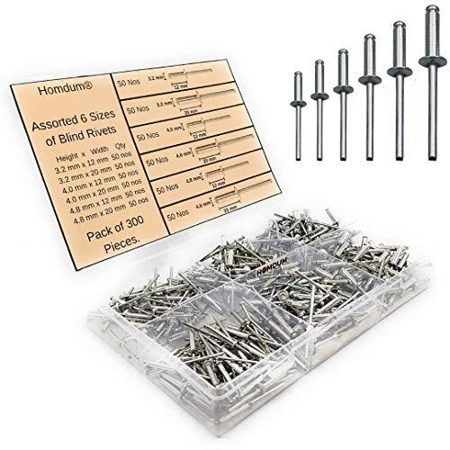 Homdum Aluminium Blind Rivet - Metal Pop Rivets For Riveting Gun/Riveter Machine Assorted 6 Sizes Pack Of 300 Pieces.