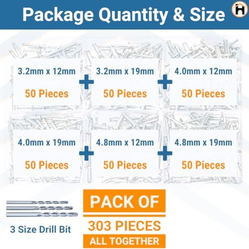 Homdum Aluminium Blind Rivet - Metal Pop Rivets For Riveting Gun/Riveter Machine Assorted 6 Sizes Pack Of 300 Pieces.