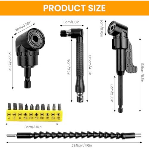 Serplex Set Of 14Pcs Flexible Drill Bit Extension, With 2Pcs Hex Shank 105 Right Angle Drill Attachment, 10Pcs Screwdriver Bits 90 Angled Bits And Bendable Drill Bit Extension Set
