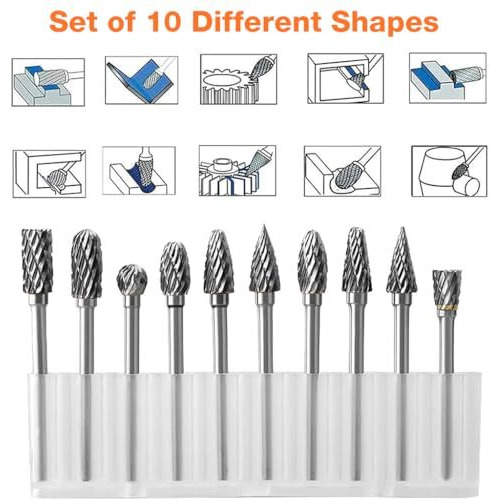 Serplex Tungsten Carbide Rotary Burr Set For Dremel, 10Pcs Carbide Double Cut Carving Burr Bits With 1/8" Shank Rotary Tool Accessories For Woodworking, Engraving, Drilling, Steel Metal Working