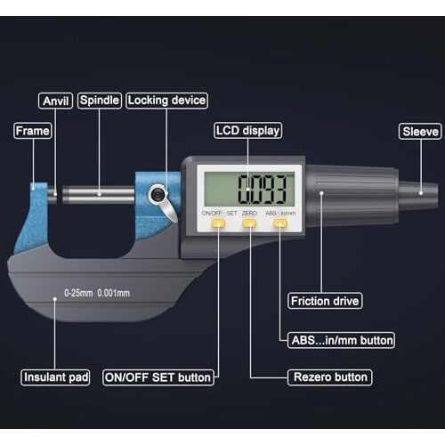 Skypearll Digital Micrometer, Digital Outside Micrometer 0-25 Mm Range With Lcd Display Screw Guage Ideal For Accurate Measuring Dimensions In Inches & Mm, +/-0.0001 Accuracy