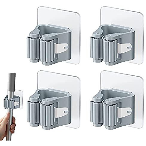 Rifrpha Pack Of 4 Broom Holder Wall Self-Adhesive Broom Holder Self-Adhesive Mop Holder No Drilling Wall Mount Broom Holder Broom Holder Wall Mounted Grey Mop Holder Mop Holder For Kitchens, Bathrooms
