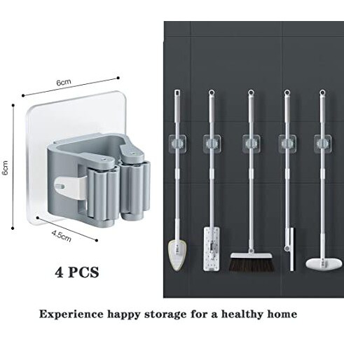 Rifrpha Pack Of 4 Broom Holder Wall Self-Adhesive Broom Holder Self-Adhesive Mop Holder No Drilling Wall Mount Broom Holder Broom Holder Wall Mounted Grey Mop Holder Mop Holder For Kitchens, Bathrooms
