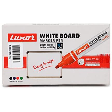 Luxor Whiteboard Marker Pen, Black - Pack Of 10 - Perfect For Clear, Smooth Writing On Whiteboards