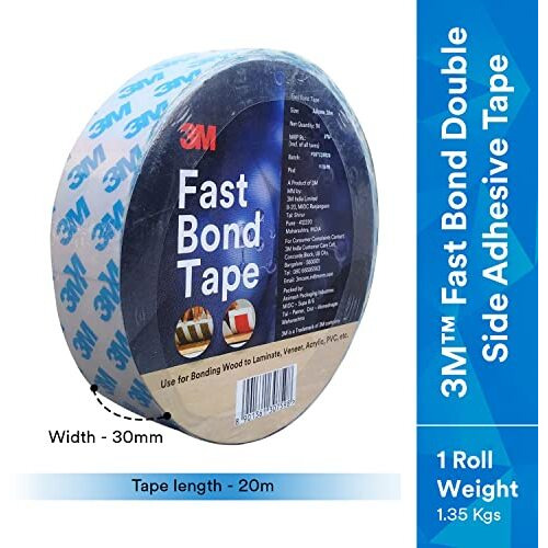 3M Fastbond Double Sided Adhesive Tape For Metals, Plastic, Glass, Wood, Water Resistant, Provides Excellent Adhesion (30Mm X 20M, 1 Roll)