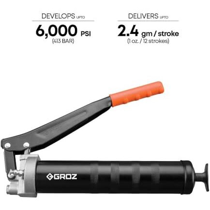 Groz Double Piston Grease Gun | Lever Grease Gun With 6" Extension, Coupler | 3X Output | High Volume Grease Gun | Discharge Upto 2.4 Gm/S | For Regular Greasing Applications| G2R/B