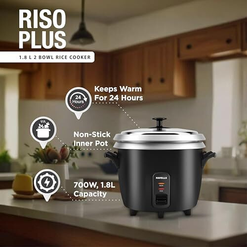 Havells Riso Plus 1.8 Liter 2 Bowl Rice Cooker, 700 W, 1.8L,3 X Protection, 1 Mm Thick 2 Inner Bowl, Ss 304 Stainless Steel Lid(Black)