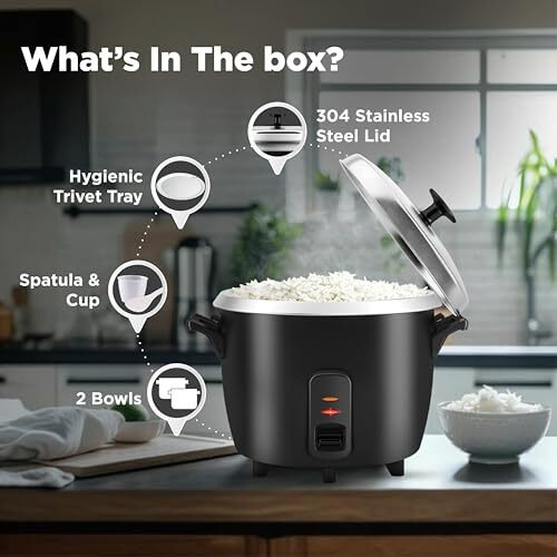 Havells Riso Plus 1.8 Liter 2 Bowl Rice Cooker, 700 W, 1.8L,3 X Protection, 1 Mm Thick 2 Inner Bowl, Ss 304 Stainless Steel Lid(Black)