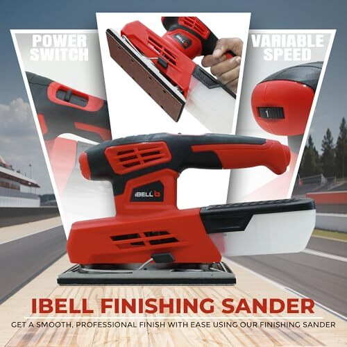 Ibell Finishing Sander Fs87-20, 220W, Copper Armature, Sanding Area 90X187Mm, 12000 Rpm With Sand Paper And Dust Box, Red