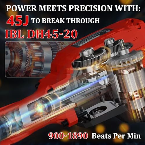 Ibell Electric Demolition Hammer Dh45-20, 1500W, Copper Armature, 1900 Bpm, 45J,Heavy Duty Concrete Breaker,30Mm Hex Chuck