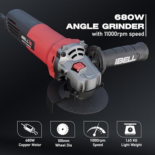 Ibell Angle Grinder Ag10-68, 680W Heavy Duty, Copper Armature, Disc Dia 100Mm, 11000 Rpm With Grinding Wheel And Guard