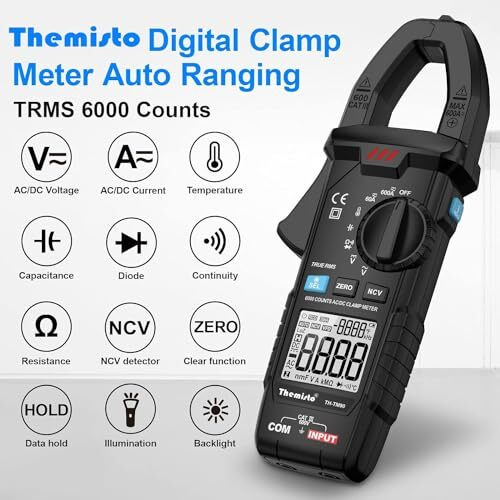 Themisto Th-M90 Auto Range, Ac/Dc Current, True Rms Digital Clamp Meter (600A,6000 Counts), Black