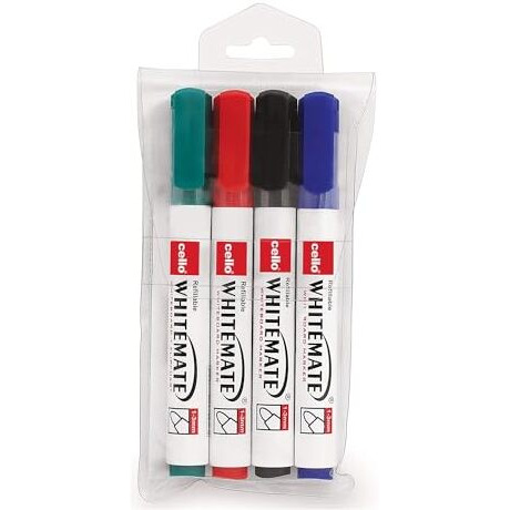 Cello Whitemate Whiteboard Markers | Set Of 4 Markers | 4 Assorted Ink Colours | Fine Point Marker Pens With Easily Refillable And Erasable Ink | Writes Longer