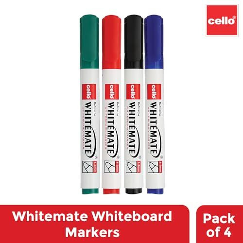 Cello Whitemate Whiteboard Markers | Set Of 4 Markers | 4 Assorted Ink Colours | Fine Point Marker Pens With Easily Refillable And Erasable Ink | Writes Longer