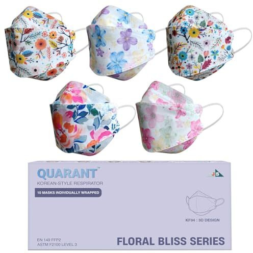 Quarantnonwoven Fabric Dual Meltblown Fabric Kf94 Korean Style Designer Face Mask With Nose Clip And Mask Extender (Floral Bliss Combo, Multicolour, Pack Of 10) For Unisex