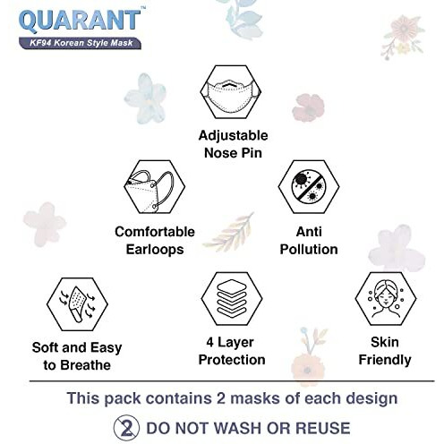 Quarantnonwoven Fabric Dual Meltblown Fabric Kf94 Korean Style Designer Face Mask With Nose Clip And Mask Extender (Floral Bliss Combo, Multicolour, Pack Of 10) For Unisex