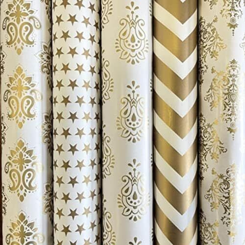 Satyam Kraft 5 Pcs White & Golden Premium Design Gift Wrapping Paper For Him/Her, Mother's Day, Gift Packing Sheets Decorative Romantic Gift Wrap For Birthday Box, Anniversary, Wedding, Return Gifts, Book Cover, Packaging Material, Craft, Kids