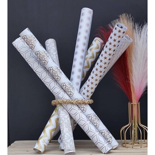 Satyam Kraft 5 Pcs White & Golden Premium Design Gift Wrapping Paper For Him/Her, Mother's Day, Gift Packing Sheets Decorative Romantic Gift Wrap For Birthday Box, Anniversary, Wedding, Return Gifts, Book Cover, Packaging Material, Craft, Kids