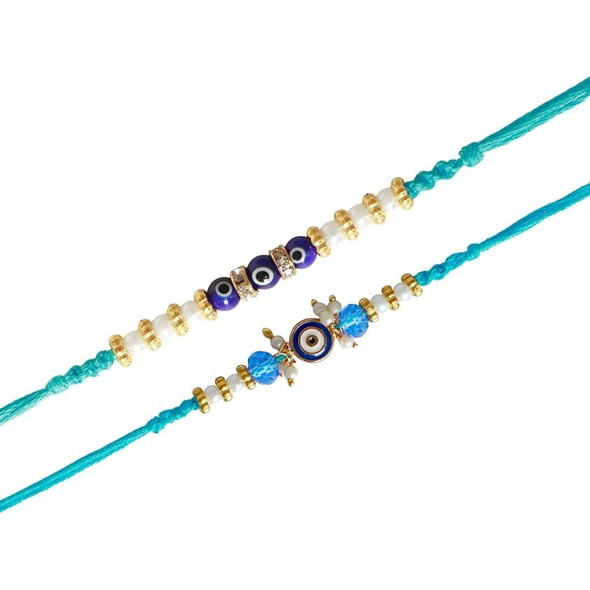 Shalinindia Set Of 2 Rakhis For Brother  Elegant Pearl And Evil Eye Design For Love, Protection, And Blessings