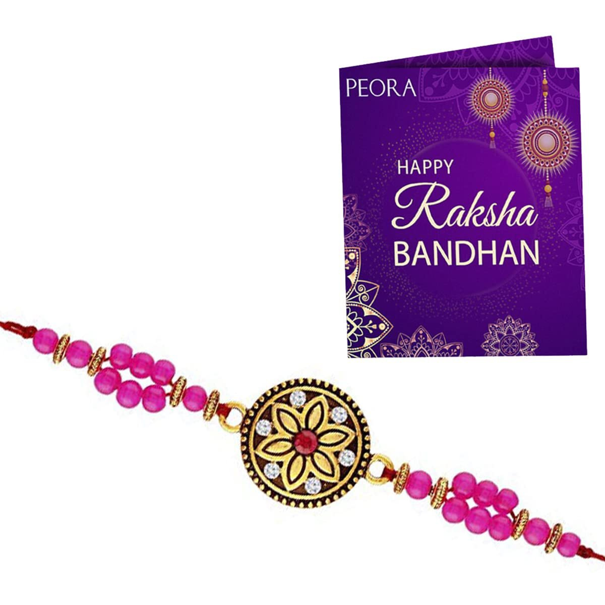 Aheli Traditional Gold Plated Designer Pearl Rakhi With Rakshabandhan Greeting Card For Men Boys