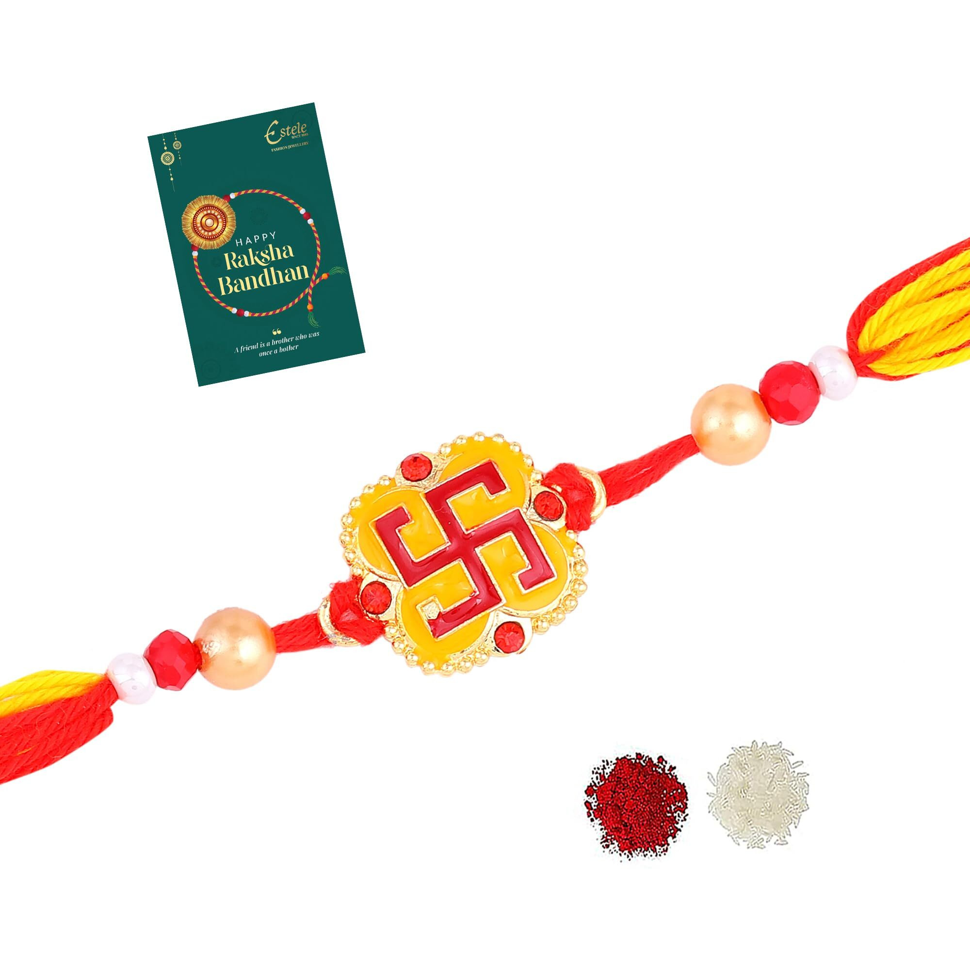 Estele - Rakhi For Bhaiya Gold Plated Yellow & Red Enamelled Swastik Premium Single Rakhi With Roli Chawal & Greeting Card For Brother & Sister|Embrace Protection & Grace This Raksha Bandhan