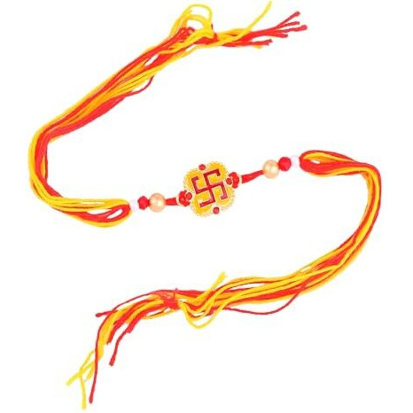 Estele - Rakhi For Bhaiya Gold Plated Yellow & Red Enamelled Swastik Premium Single Rakhi With Roli Chawal & Greeting Card For Brother & Sister|Embrace Protection & Grace This Raksha Bandhan