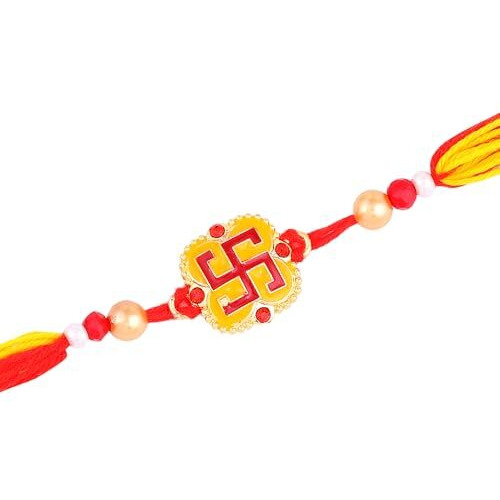 Estele - Rakhi For Bhaiya Gold Plated Yellow & Red Enamelled Swastik Premium Single Rakhi With Roli Chawal & Greeting Card For Brother & Sister|Embrace Protection & Grace This Raksha Bandhan