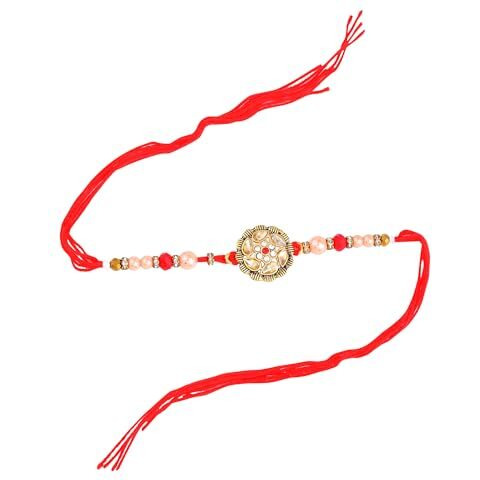 Estele - Rakhi For Bhaiya Gold-Plated White Kundan Enhanced Bloom-Shaped Premium Single Rakhi With Roli Chawal & Greeting Card For Brother & Sister|Embrace Security & Charm This Raksha Bandhan