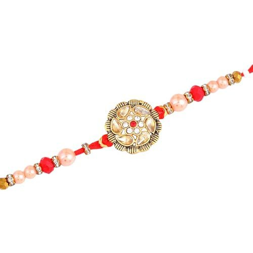 Estele - Rakhi For Bhaiya Gold-Plated White Kundan Enhanced Bloom-Shaped Premium Single Rakhi With Roli Chawal & Greeting Card For Brother & Sister|Embrace Security & Charm This Raksha Bandhan
