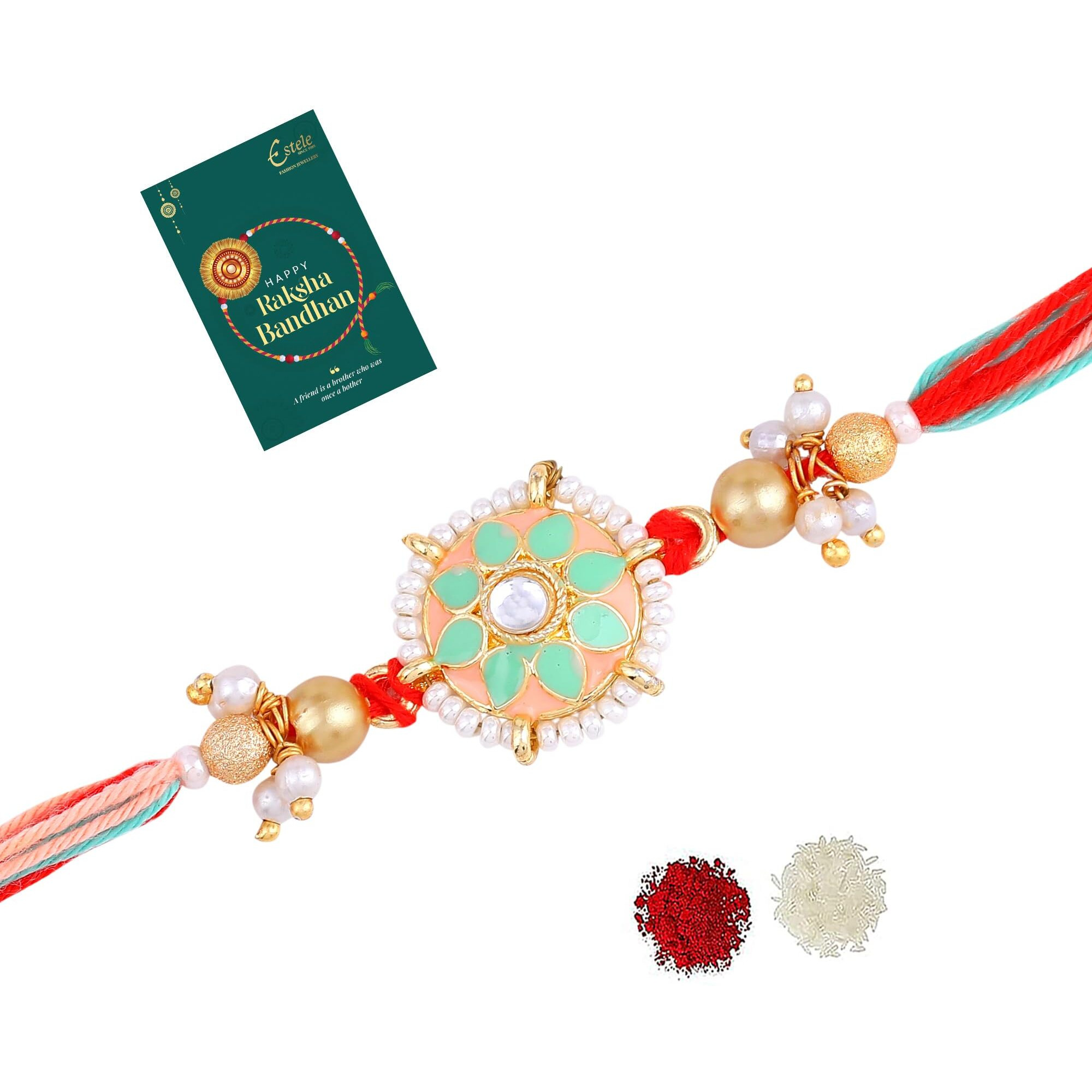 Estele - Rakhi For Bhaiya Gold Plated Floral Design Green & Orange Enamelled Pearl Adorned Premium Rakhi With Roli Chawal & Greeting Card For Brother|Celebrate Raksha Bandhan With Love & Refinement