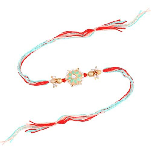 Estele - Rakhi For Bhaiya Gold Plated Floral Design Green & Orange Enamelled Pearl Adorned Premium Rakhi With Roli Chawal & Greeting Card For Brother|Celebrate Raksha Bandhan With Love & Refinement