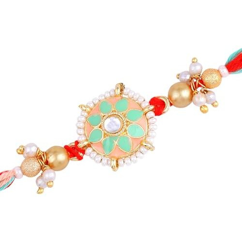 Estele - Rakhi For Bhaiya Gold Plated Floral Design Green & Orange Enamelled Pearl Adorned Premium Rakhi With Roli Chawal & Greeting Card For Brother|Celebrate Raksha Bandhan With Love & Refinement