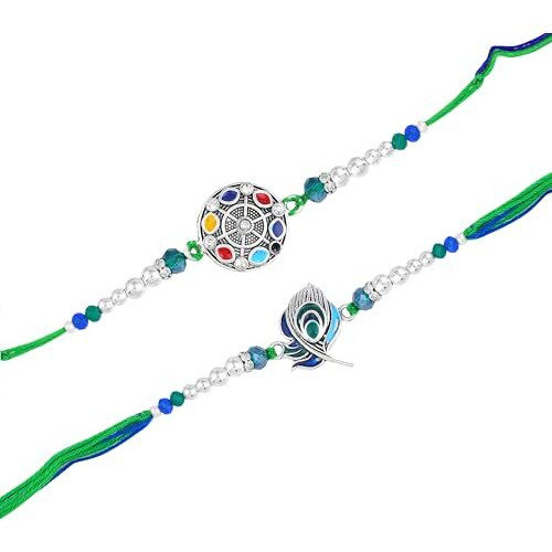 Estele Combo Rakhi For Bhaita Silver Oxidized Plated Peacock Feather & Circle Design Set Of 2 Premium Rakhi With Roli Chawal & Greeting Card For Brother|Celebrate Raksha Bandhan With Love & Elegance
