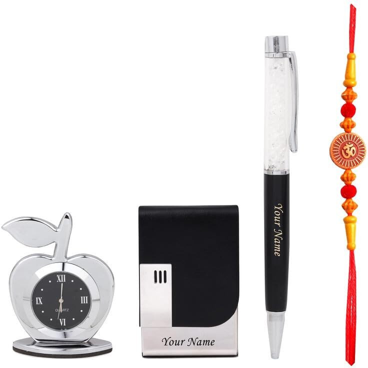 Celebr8 Customized Card Holder, Pen, Desk Clock & Free Rakhi Gift Set Combo For Brother, Sister, Bhabhi Rakshabandhan Hamper Personalosed Gifting Hamper