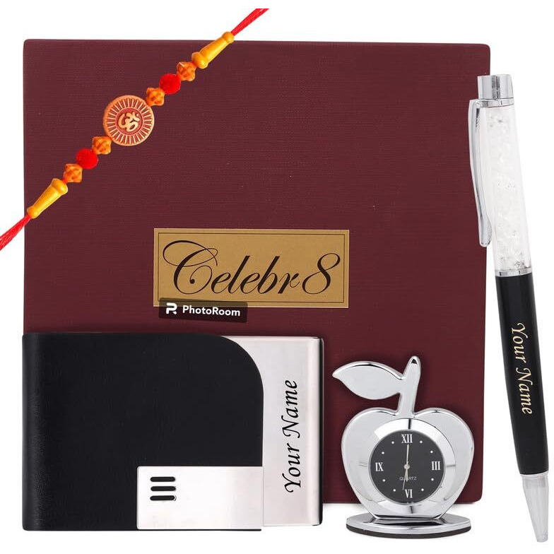 Celebr8 Customized Card Holder, Pen, Desk Clock & Free Rakhi Gift Set Combo For Brother, Sister, Bhabhi Rakshabandhan Hamper Personalosed Gifting Hamper