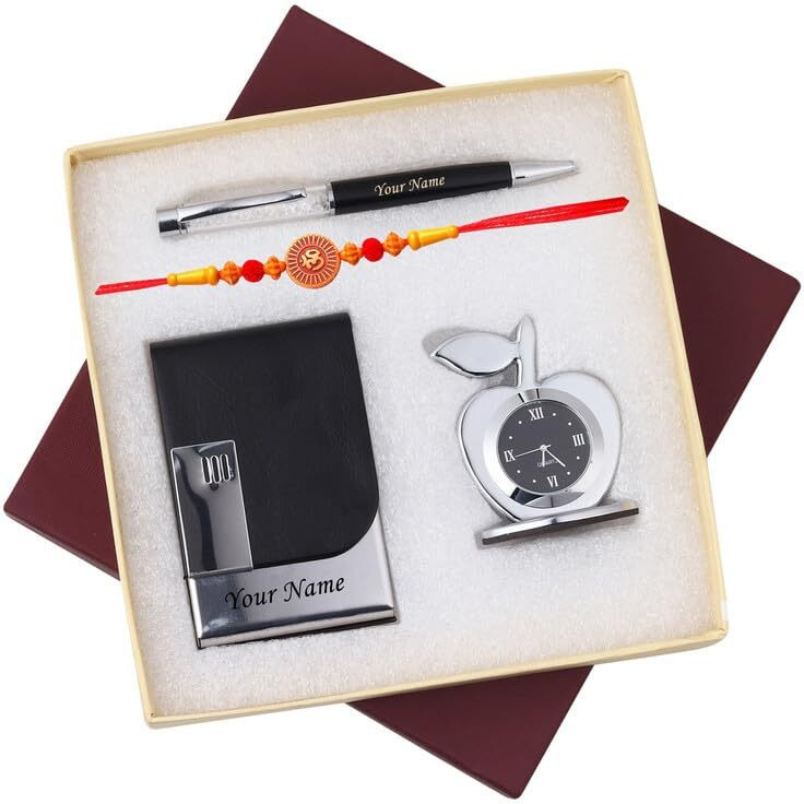 Celebr8 Customized Card Holder, Pen, Desk Clock & Free Rakhi Gift Set Combo For Brother, Sister, Bhabhi Rakshabandhan Hamper Personalosed Gifting Hamper