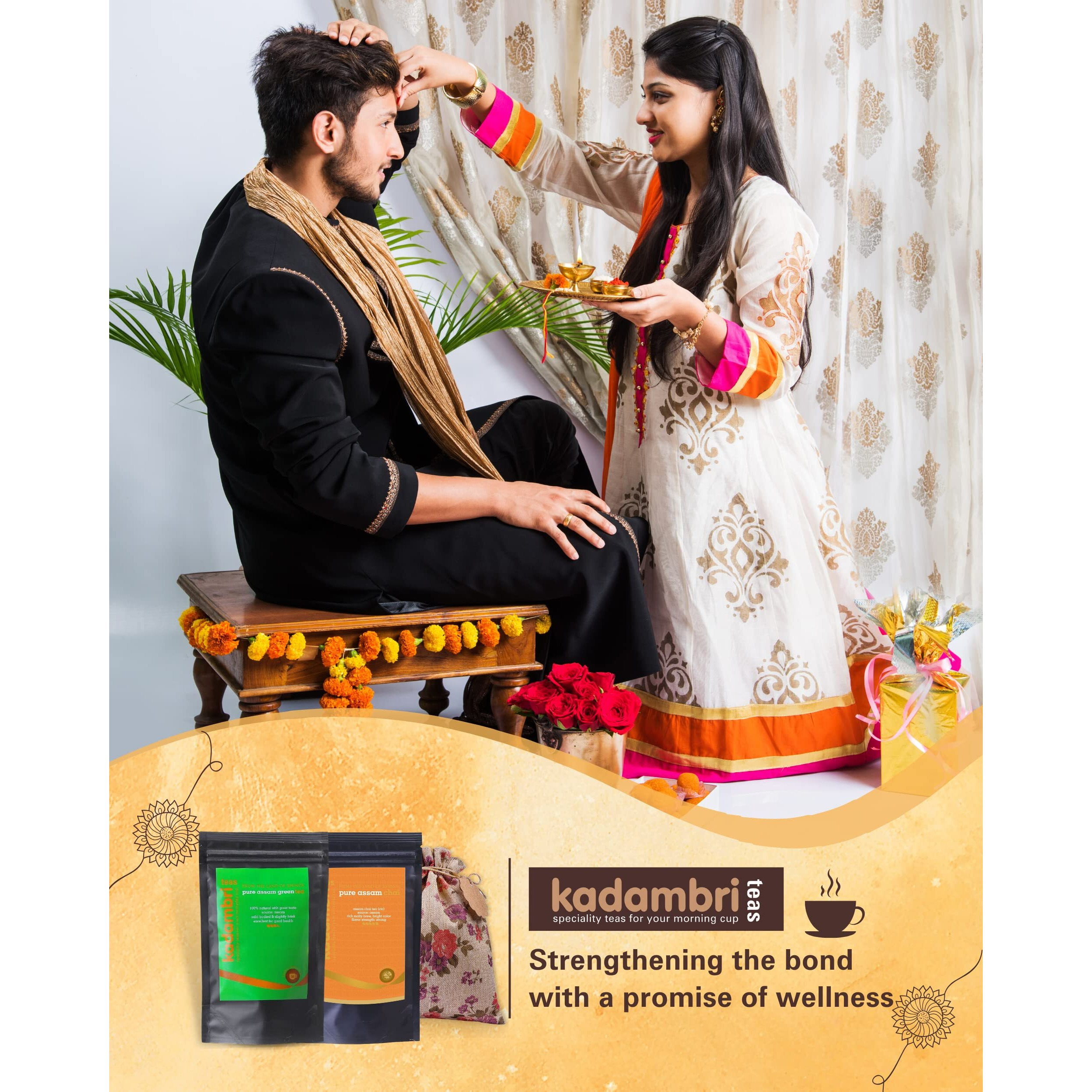 Kadambri Teas Rakhi For Brother With Gift Combo Set || Luxury Rakshabandhan Gift Hamper || Gift Box Contains 1 Premium Green Tea, 1 Pure Assam Chai, 1 Rakhi, Roli Chawal In Floral Linen Jute Bag (1 Rakhi)