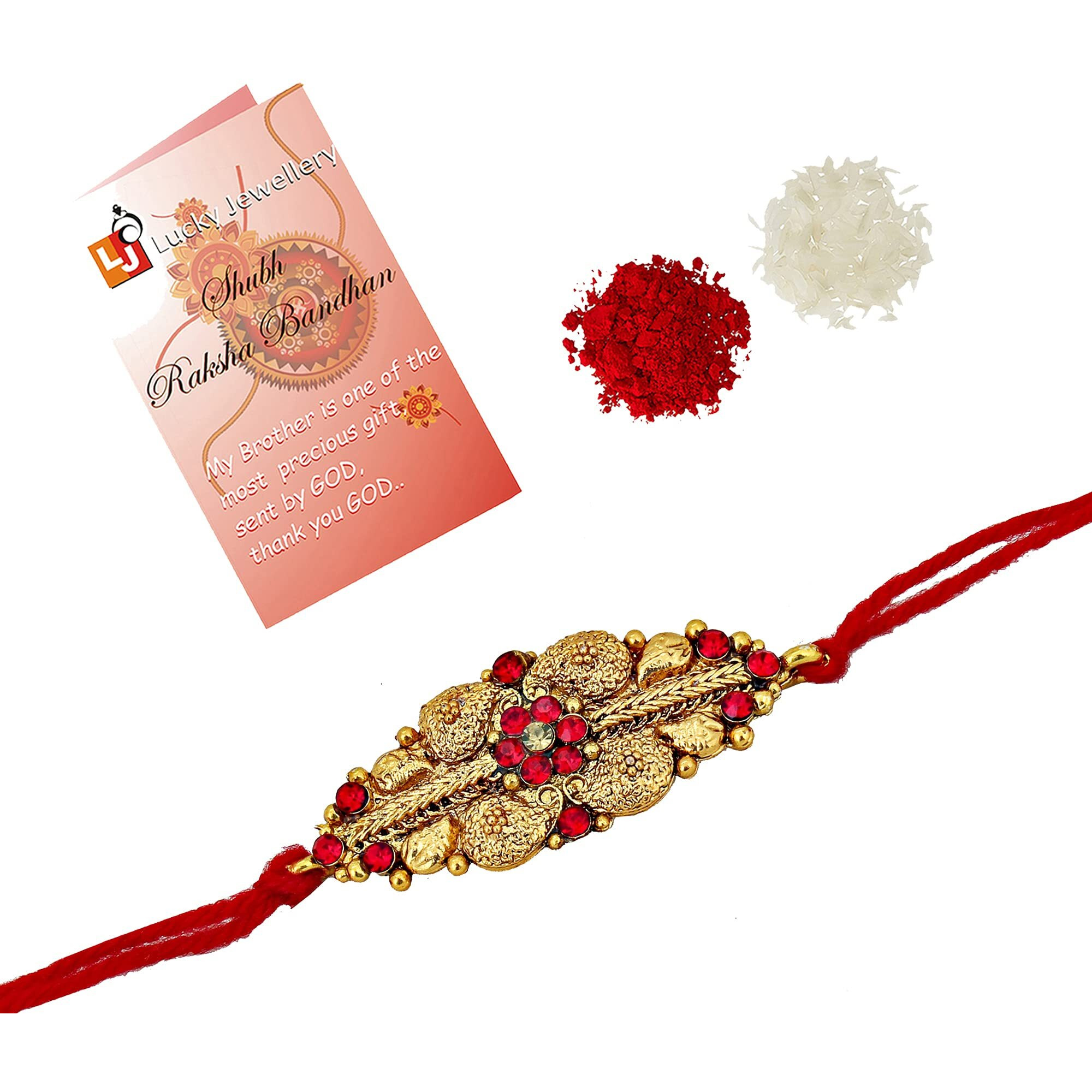 Lucky Jewellery 18 K Gold Plated Rakhi Collection Rakshabandan Rakhee Bracelet For Bro/Brother/Bhaiya/Bhai/Bhabhi Rakshasutra (75-P3R1-239-Lct-Red-1)