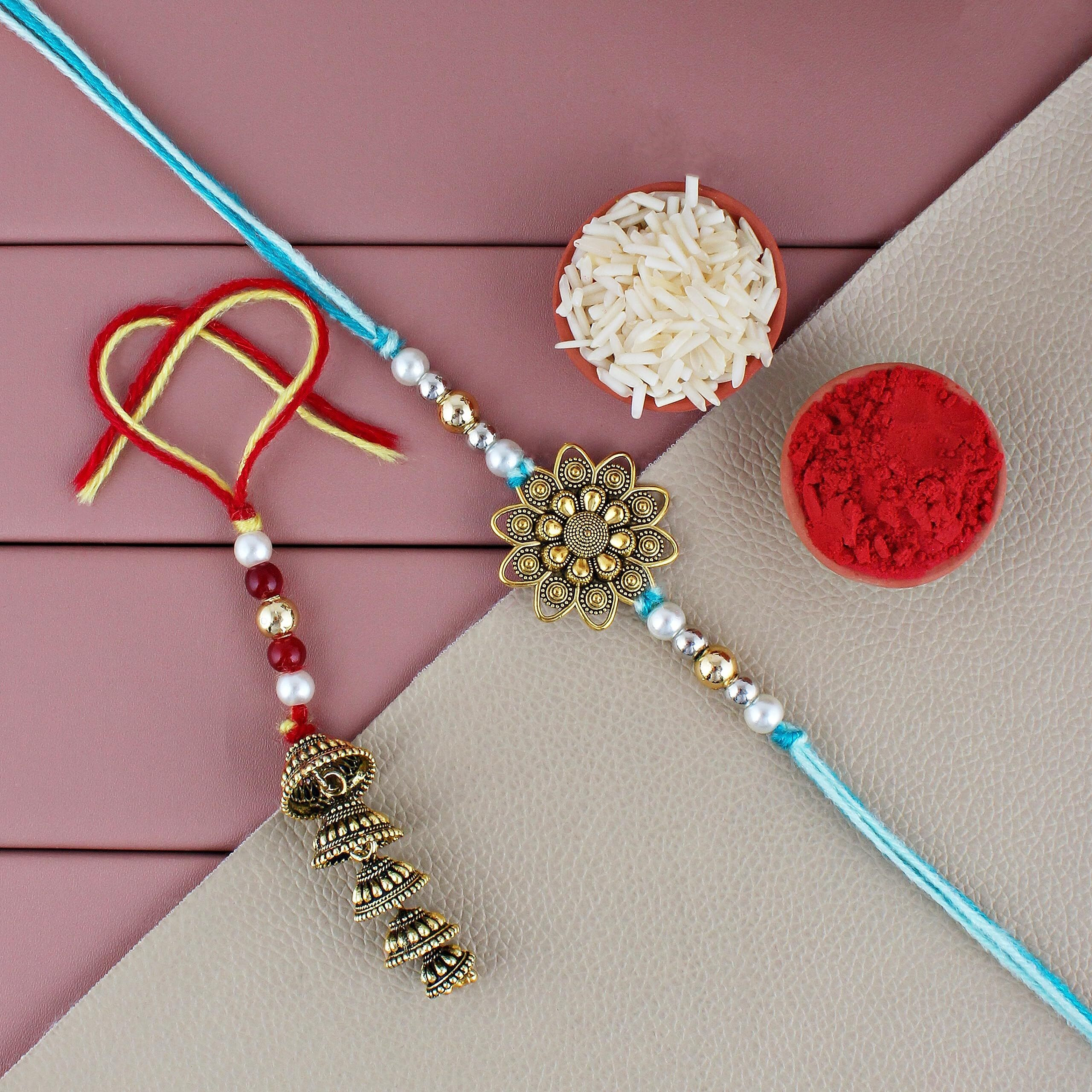 Lucky Jewellery Rakhi Silver Oxidisedrakhe Boho Collection Rakshabandan Rakhee Bracelet For Bro/Brother/Bhaiya/Bhai/Bhabhi Rakshasutra (150-M5Jor1-996-S-4)
