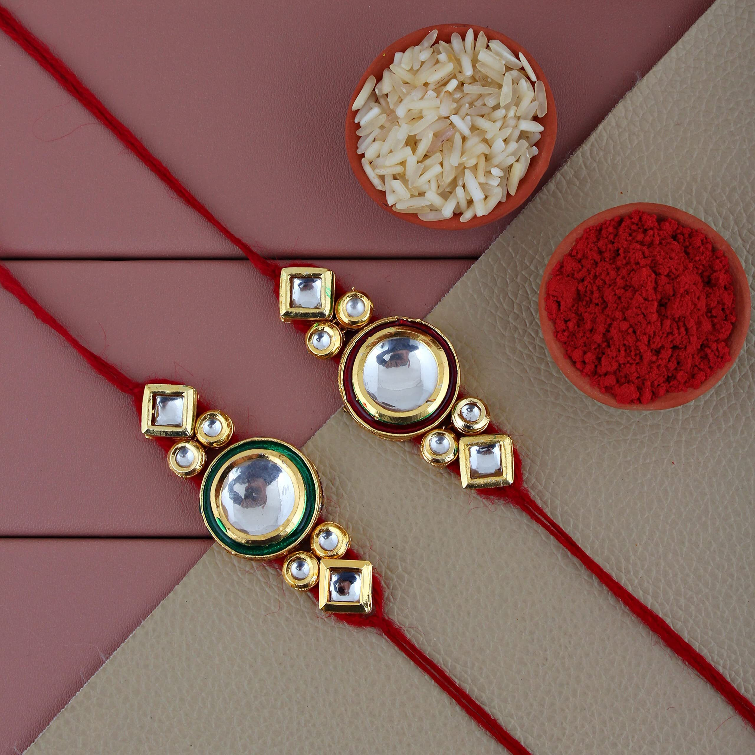 Lucky Jewellery Designer Traditional Rakhi Gold Plated Pink Thread For Bro/Brother/Bhaiya/Bhai/Bhabhi (Pack Of 2) Rakshabandan Rakhe Crystal And White Stone Rakhee Bracelet Rakshasutra For Boys & Men (231-Wemr1-E450-2)