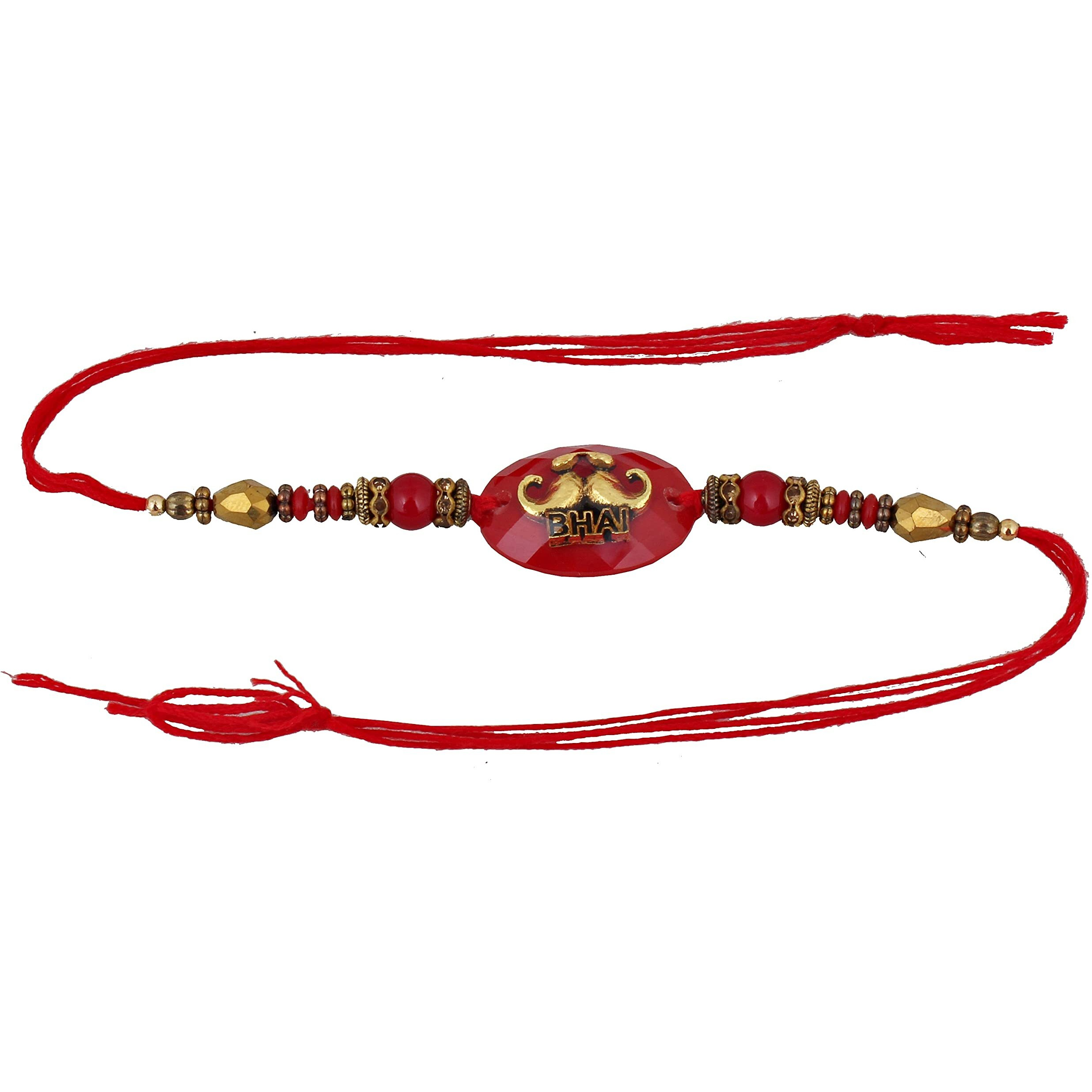 Lucky Jewellery Rakhi 18 K Gold Plated Pachi Work Mustache Rakshabandan Rakhe Crystal And White Stone Rakhee Bracelet (89-S5R1-8320-1)