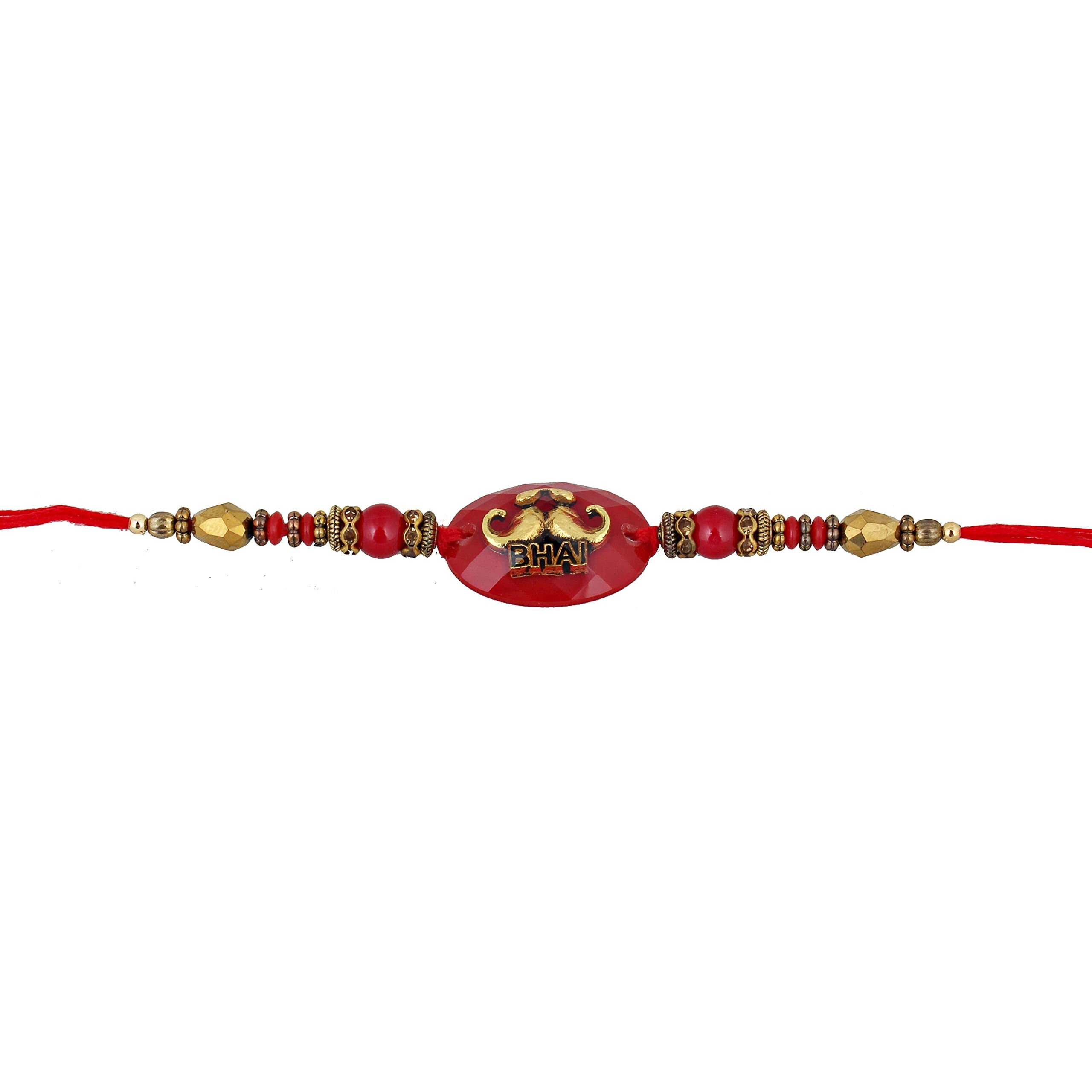 Lucky Jewellery Rakhi 18 K Gold Plated Pachi Work Mustache Rakshabandan Rakhe Crystal And White Stone Rakhee Bracelet (89-S5R1-8320-1)