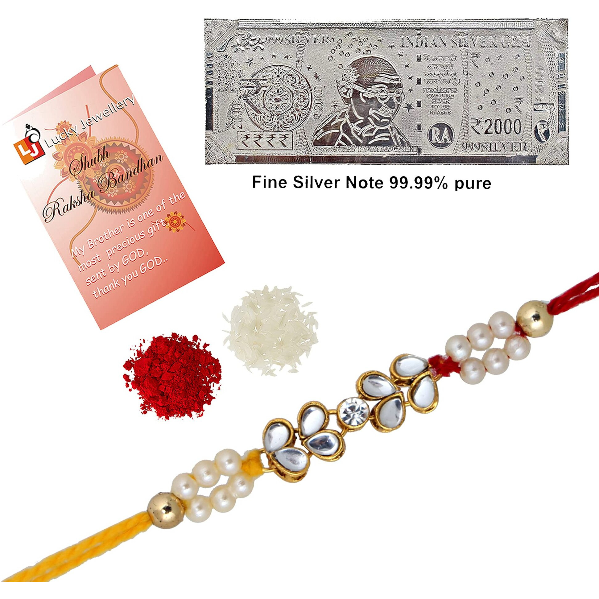 Lucky Jewellery 18 K Gold Plated 99.99 Silver Pure Chandi Two Thousand Rupee Note Rakhi Boho Collection Rakshabandan Rakhee Bracelet For Bro/Brother/Bhaiya/Bhai/Bhabhi Rakshasutra (390-Wzr1-1200-1N)