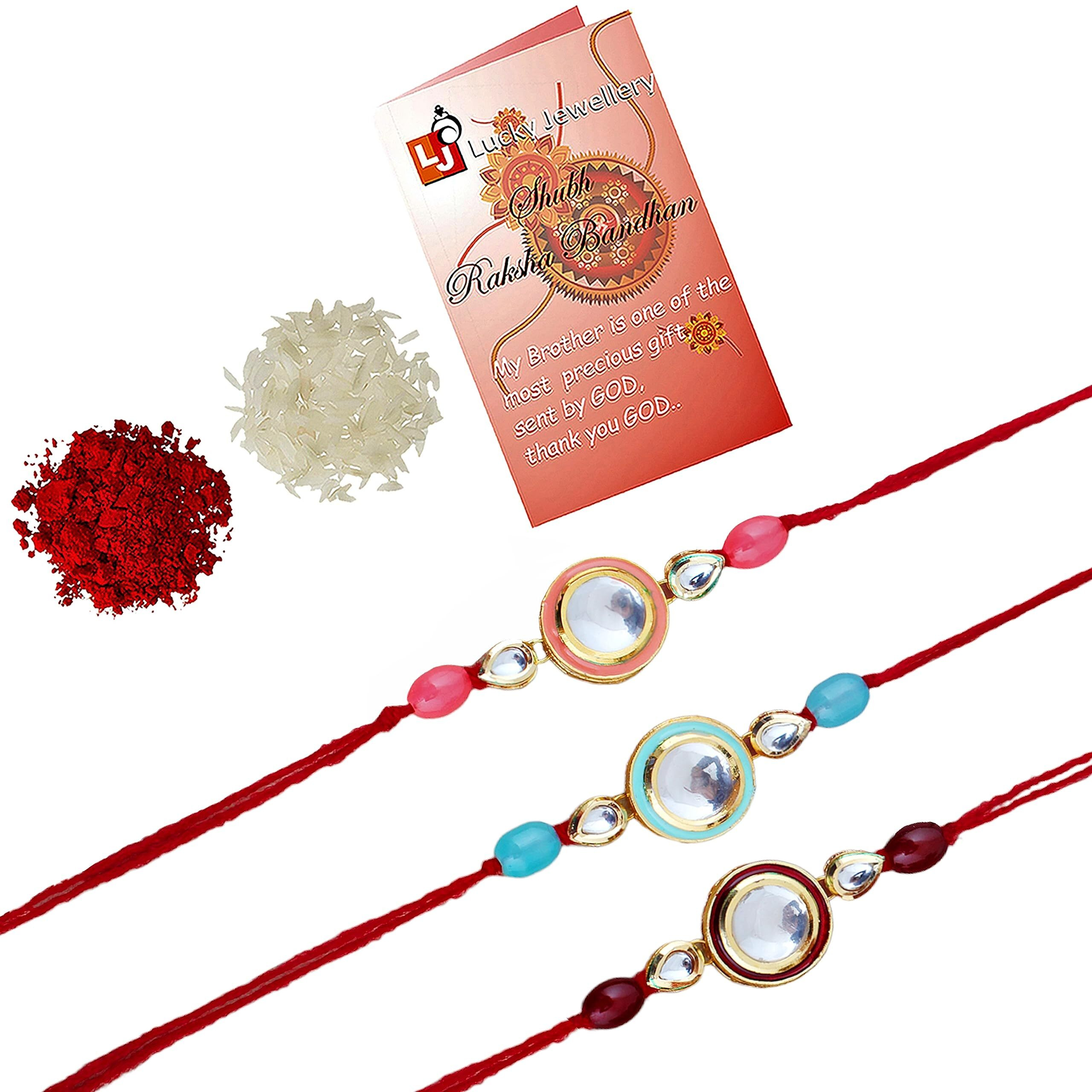 Lucky Jewellery Designer Traditional Rakhi Gold Plated Red And Pink Thread For Bro/Brother/Bhaiya/Bhai/Bhabhi (Pack Of 2) Rakshabandan Rakhe Crystal And White Stone Rakhee Bracelet Rakshasutra For Boys & Men (198-Wesr1-E3407-W-2A)
