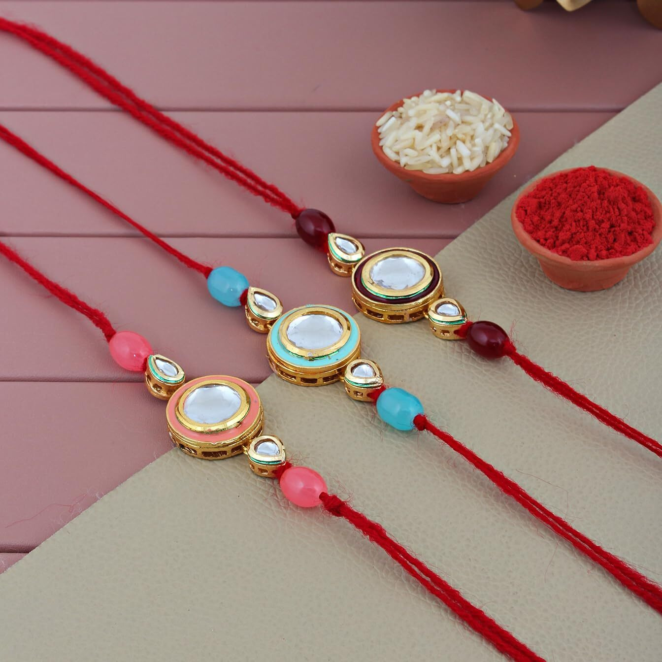 Lucky Jewellery Designer Traditional Rakhi Gold Plated Red And Pink Thread For Bro/Brother/Bhaiya/Bhai/Bhabhi (Pack Of 2) Rakshabandan Rakhe Crystal And White Stone Rakhee Bracelet Rakshasutra For Boys & Men (198-Wesr1-E3407-W-2A)