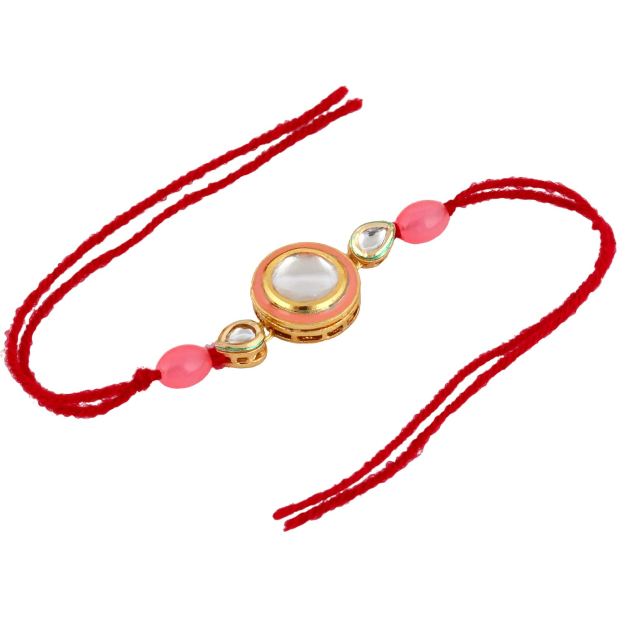 Lucky Jewellery Designer Traditional Rakhi Gold Plated Red And Pink Thread For Bro/Brother/Bhaiya/Bhai/Bhabhi (Pack Of 2) Rakshabandan Rakhe Crystal And White Stone Rakhee Bracelet Rakshasutra For Boys & Men (198-Wesr1-E3407-W-2A)