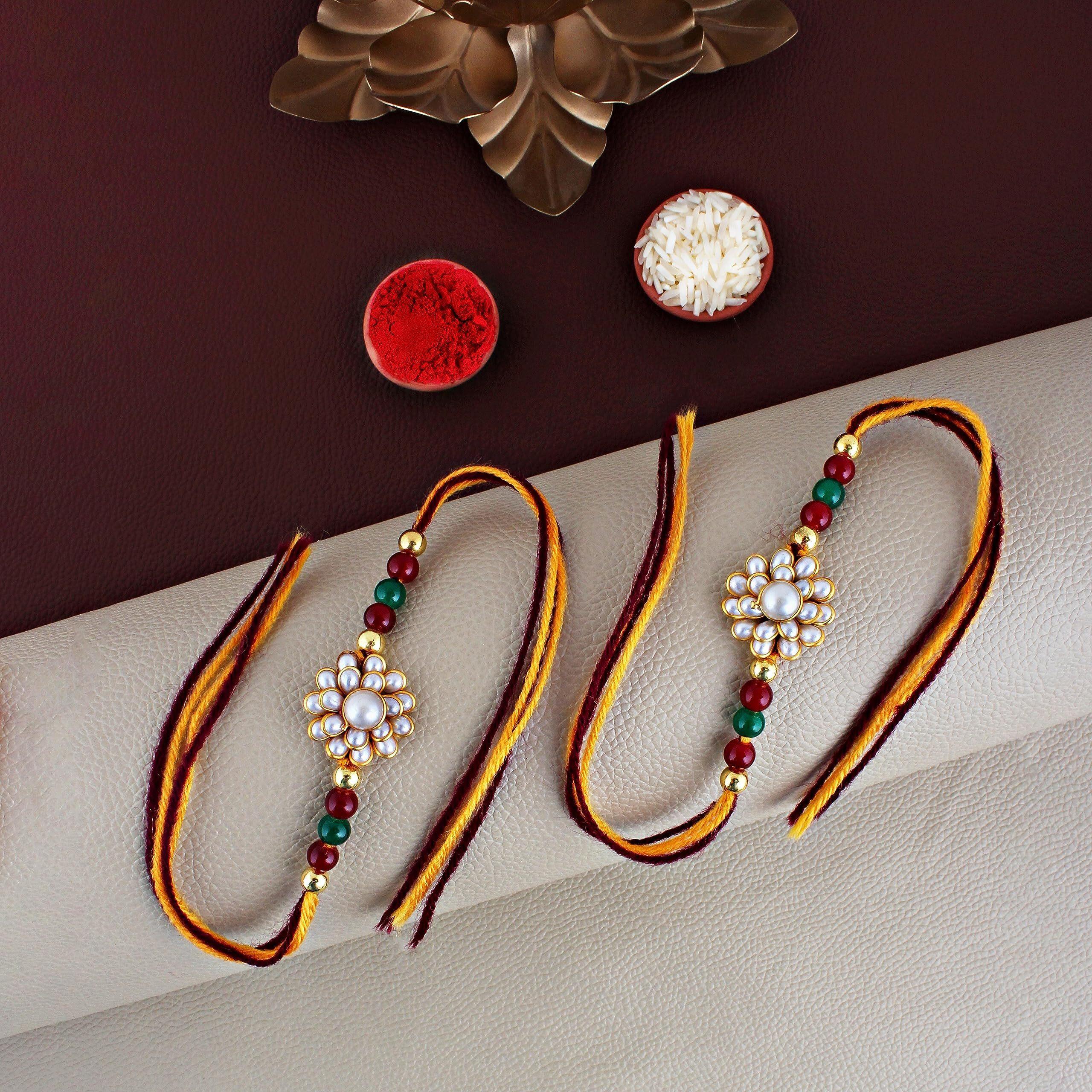 Lucky Jewellery Designer Fancy Traditional Rakhi Gold Plated Red Thread For Bro/Brother/Bhaiya/Bhai/Bhabhi (Pack Of 2) Rakshabandan Rakhe Crystal And Pearl Moti With Stone Rakhee Bracelet Rakshasutra For Boys & Men (96-Wemr1-1136-W)