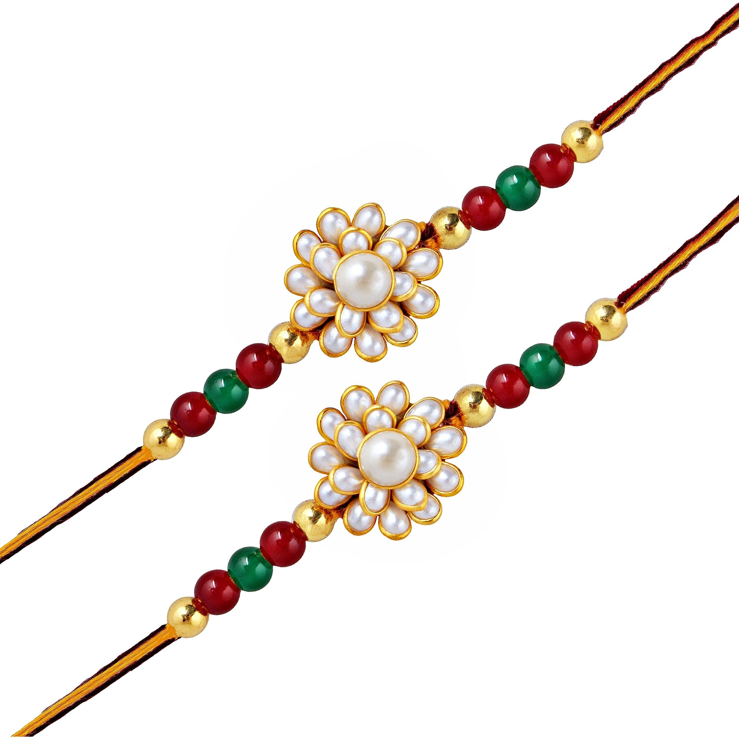 Lucky Jewellery Designer Fancy Traditional Rakhi Gold Plated Red Thread For Bro/Brother/Bhaiya/Bhai/Bhabhi (Pack Of 2) Rakshabandan Rakhe Crystal And Pearl Moti With Stone Rakhee Bracelet Rakshasutra For Boys & Men (96-Wemr1-1136-W)
