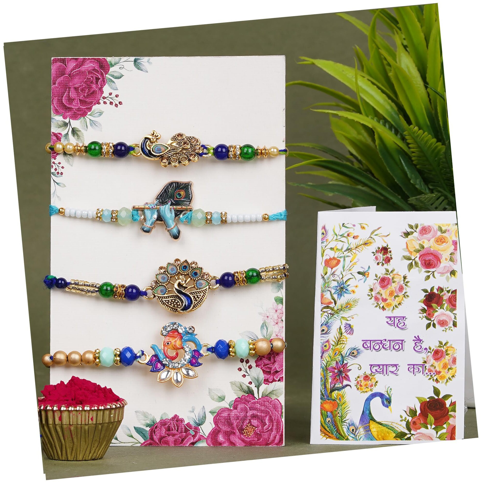 Finemoe Set Of 4 Rakhi Set For Brother, Traditional Peacock Feather, Krishna Matki, Designer Religious Rakhis With Roli Chawal, Rakhis For Rakshabandhan Festival, Rakhi Combo For Bhai, Brother, Bhaiya Bhabhi Kids, Men & Women (Set Of 4)